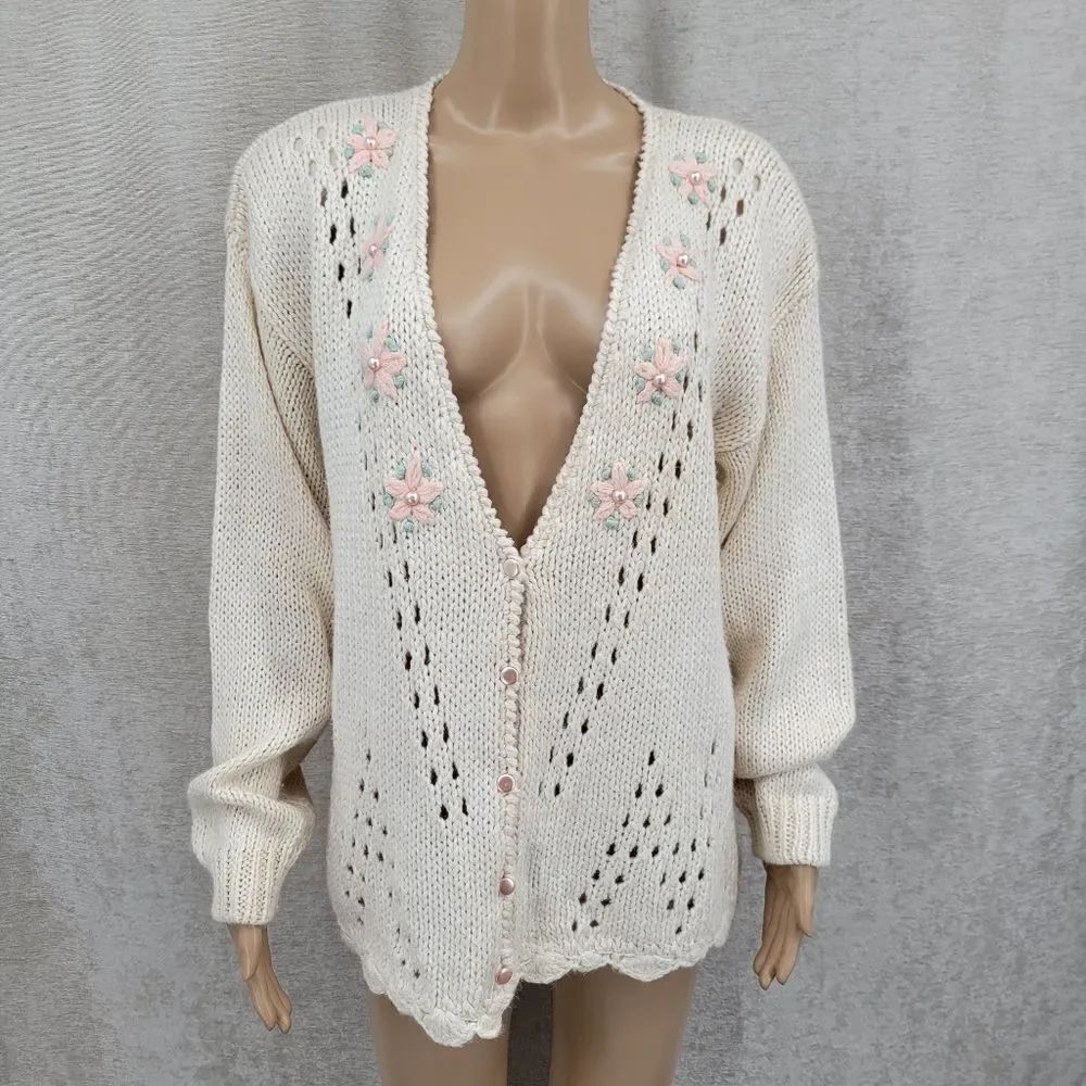 Vintage Hand Knit Cream with Pastel Floral Women's Cardigan Sweater Pointelle
